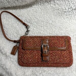 Coach Tweed Herringbone Wristlet Clutch Leather Trim Turnlock Brown